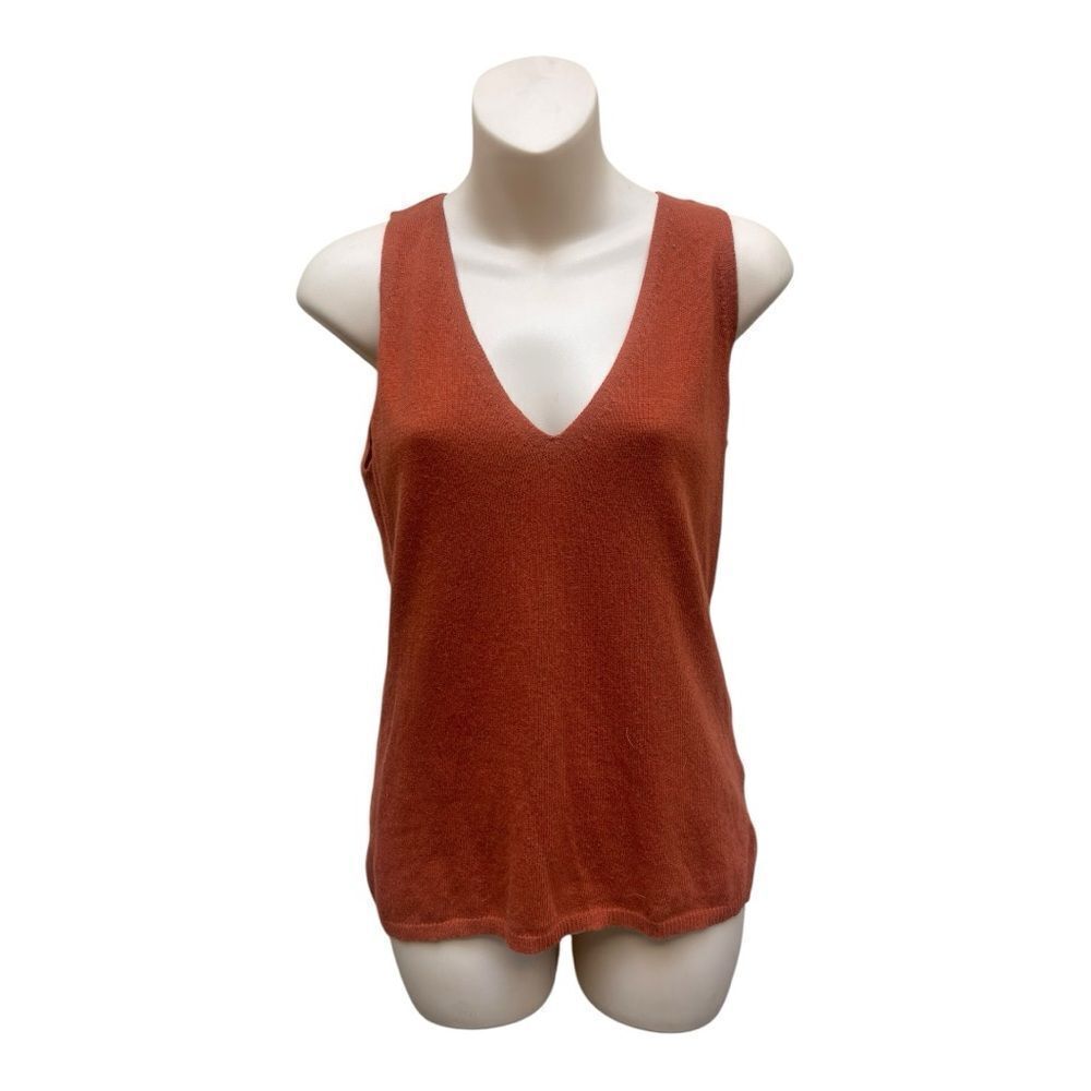 Soft Grey Rust Cashmere Cotton V-Neck Sweater Sleeveless Top Size 10 Preppy EUC